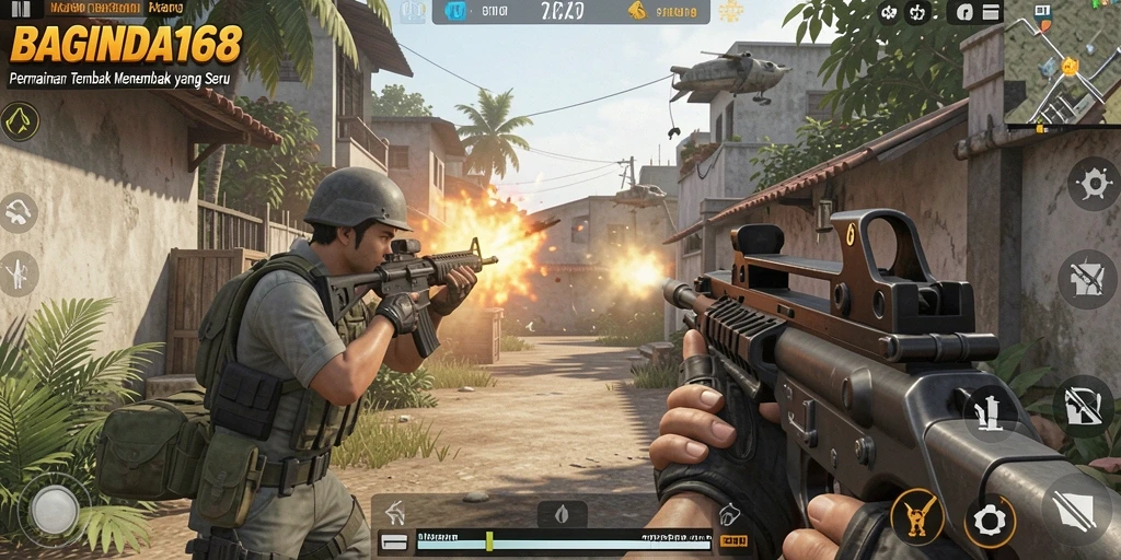 Tampilan gameplay senjata dan aksi tembak menembak di BAGINDA168.