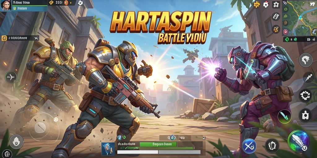 Screenshot gameplay HARTASPIN menampilkan aksi pertempuran seru di pulau terpencil.