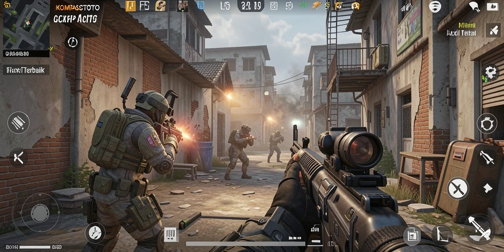 Tangkapan layar gameplay KOMPASTOTO yang menunjukkan aksi tembak-menembak yang intens.