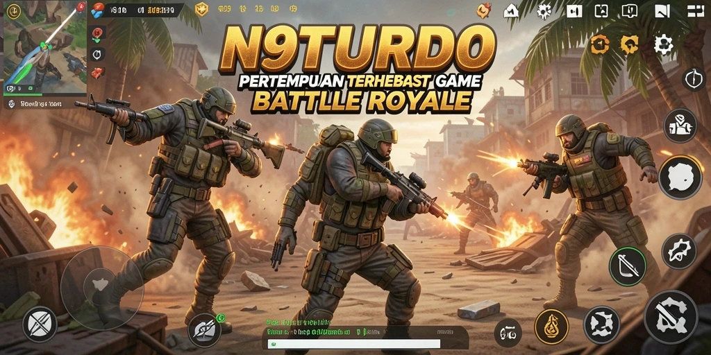 Tangkapan layar gameplay N9TURBO dengan suasana pertempuran intens Battle Royale.
