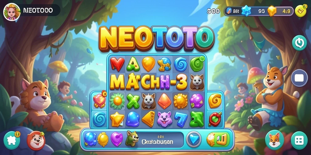 Tampilkan gameplay seru NEOTOTO dengan permata berwarna-warni.