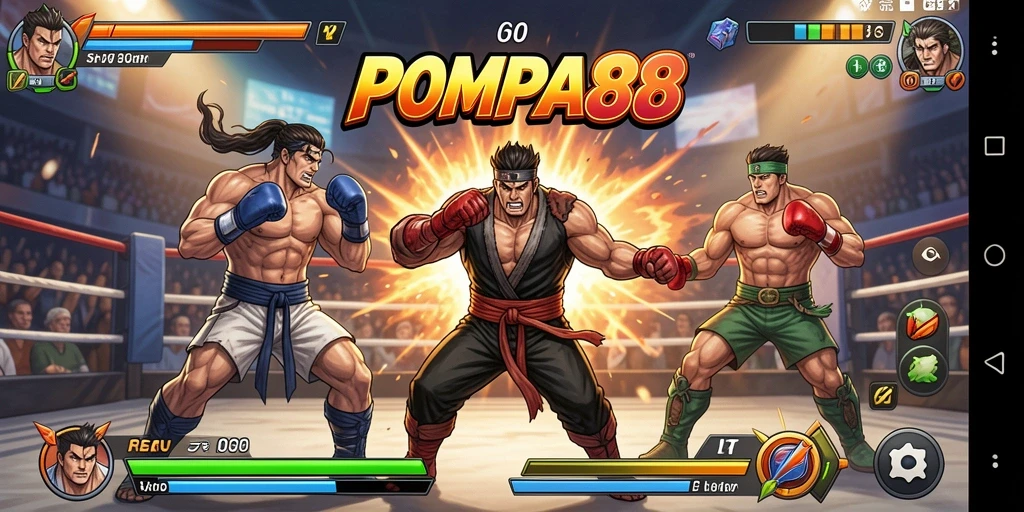 Screenshot POMPA88 menunjukkan aksi pertarungan yang intens dan karakter-karakter unik.
