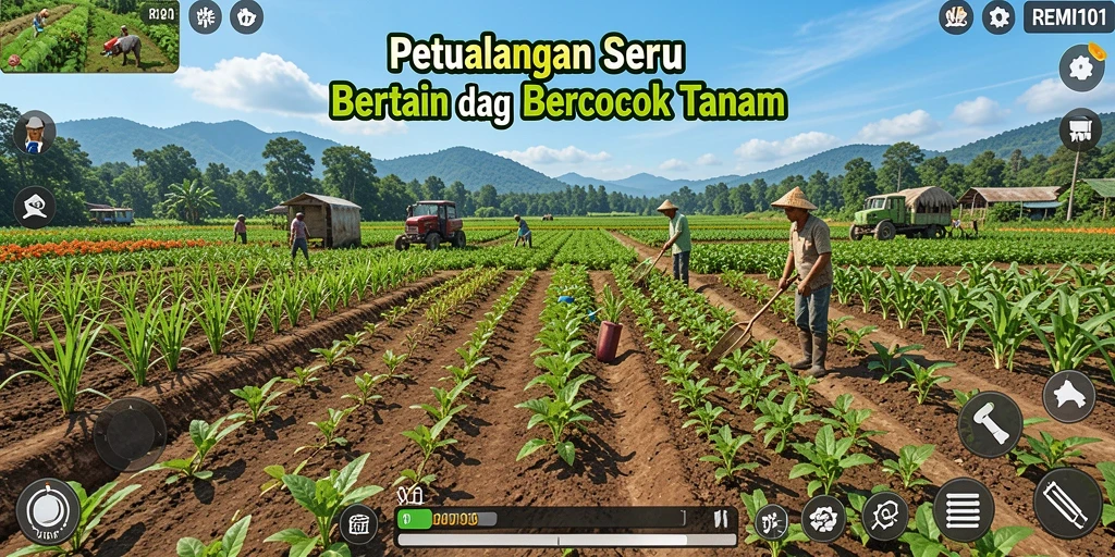 Tangkapan layar dari gameplay REMI101 yang menampilkan aktivitas bertani.