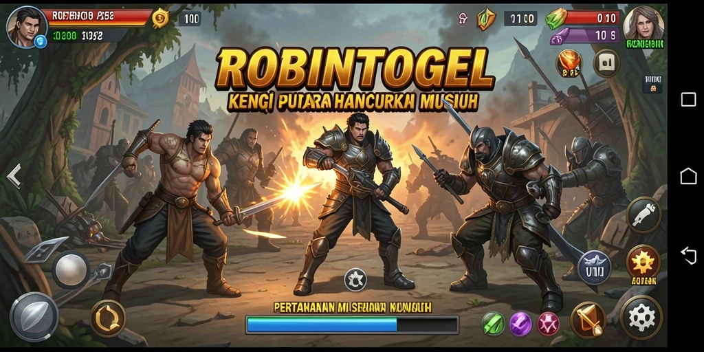 Tangkapan layar gameplay <strong>ROBINTOGEL</strong> menunjukkan pertahanan tower yang kuat melawan gelombang musuh.