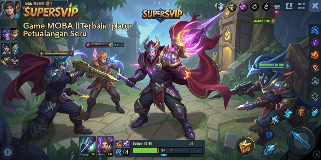 Screenshot gameplay MOBA dengan pertarungan tim yang intens.