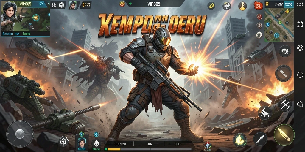 Tangkapan layar utama menampilkan aksi seru pertempuran di dalam game.